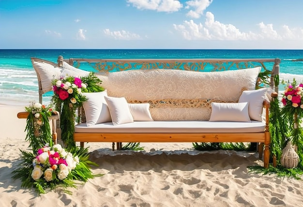 Una boda en la playa con un banco y flores.