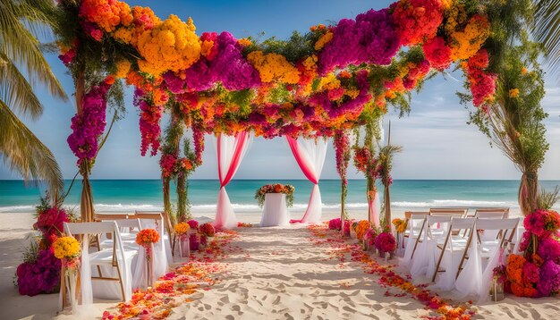 Foto una boda en la playa con flores en las sillas