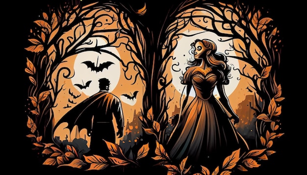 Boda romántica Novia y novio Murciélago aterrador Diseño de camiseta de Halloween Vector de Halloween