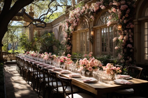 Boda temática en el jardín de Florid: Romanticismo natural con la novia y el novio bajo flores., IA generativa