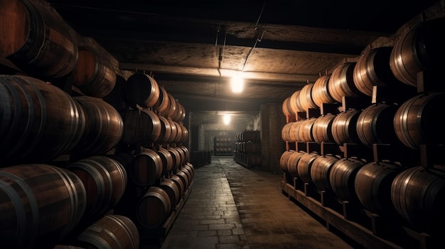 Bodega de almacenamiento con barriles para hacer botellas de vino o whisky Generación AI