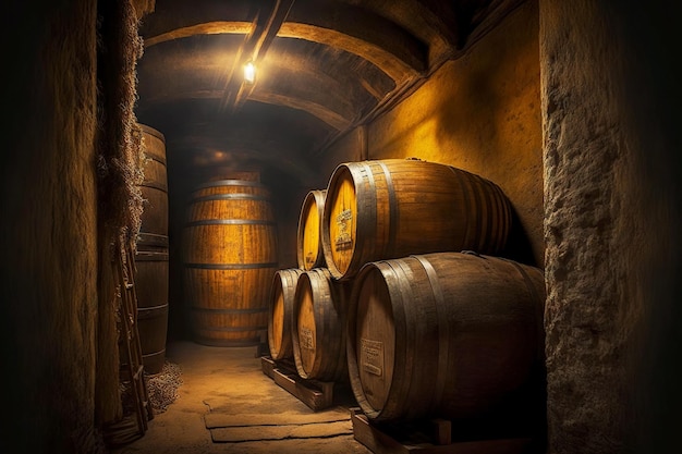 Bodega con barril de vino de roble grande para la elaboración de alcohol