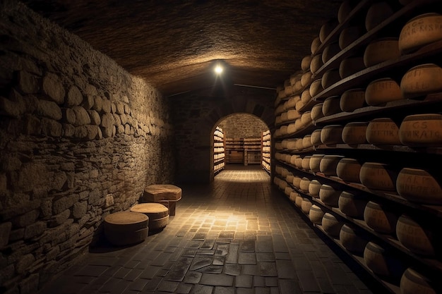 Una bodega con barriles de vino de madera y una luz en el techo.