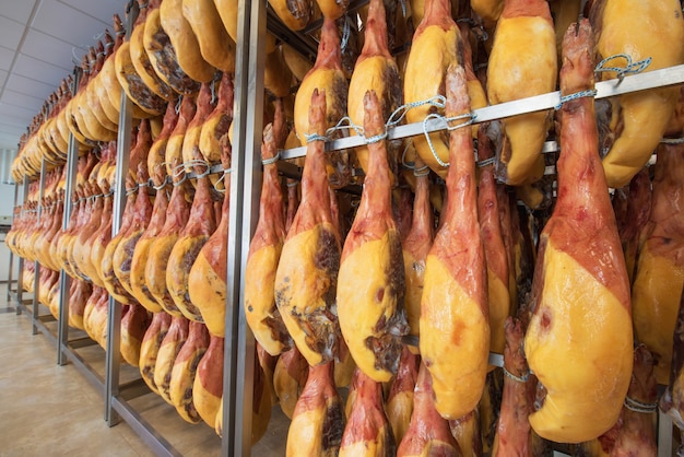 Foto bodega de jamón español. industria de alimentos