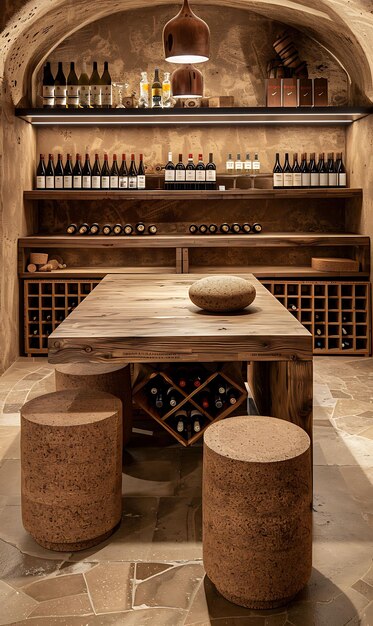 Foto una bodega con una mesa de madera y un estante de vino con una botella de vino en ella
