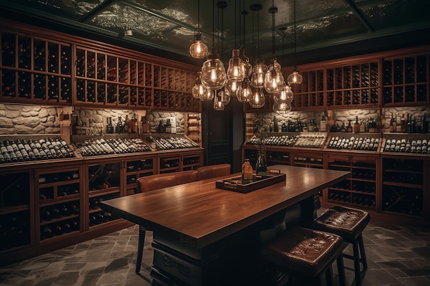 Foto una bodega con una mesa y sillas de madera y una mesa grande de madera con una puerta de vidrio que dice botellas de vino.