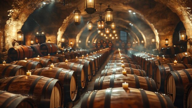 Foto una bodega de vino italiana tradicional con filas de barriles de madera bajo el suave resplandor de la luz de la linterna ai generative