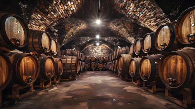 Una bodega de vino subterránea rústica llena de barricas de roble envejecimiento de vino Concepto Celler de vinos Barricas de Roble Proceso de Envejecimiento Decoración rústica Encuentro subterráneo