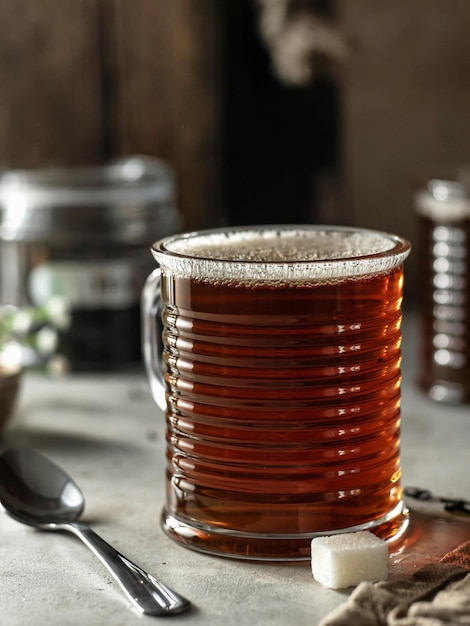 Bodegón acogedor desayuno composición con taza de vidrio de té negro sobre fondo texturizado