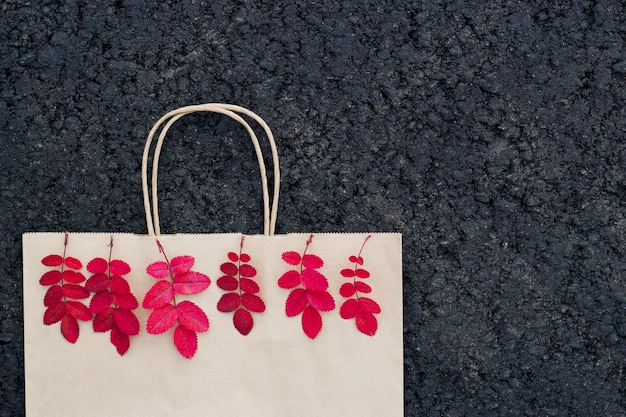 bodegón con bolsa de papel con hojas rojas de otoño en el asfalto texturizado con espacio de copia