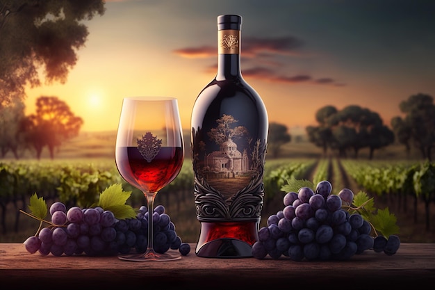 Bodegón con botella y copas de vino tinto y uvas en campo generativo ai