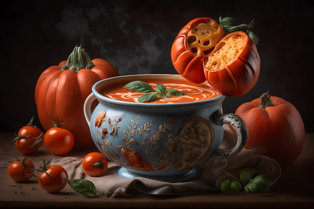 Un bodegón de calabazas y sopa de tomate con un fondo oscuro.