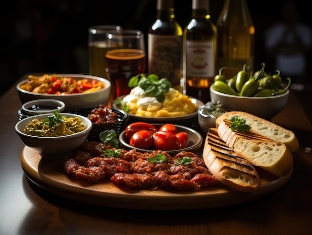 Bodegón de la cena italiana en una mesa de madera Creado con herramientas de IA generativa