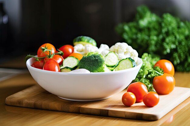 Bodegón de cocina con plato blanco de verduras lavadas sobre un escritorio de madera