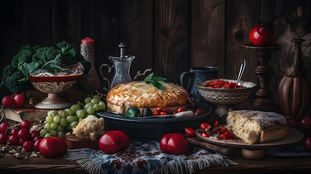 Un bodegón de comida con una imagen de un pastel y uvas.