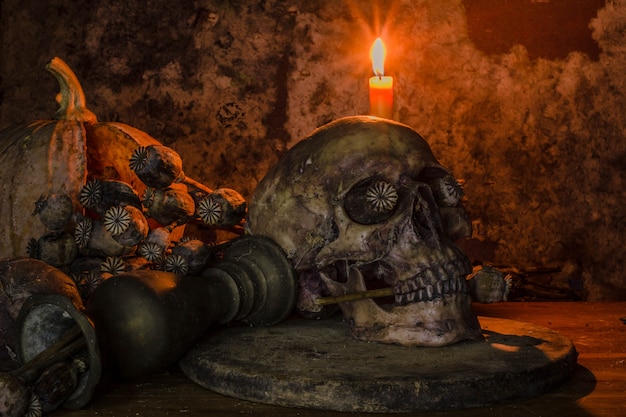 Bodegón con cráneo, velas y cabeza de opio marchita