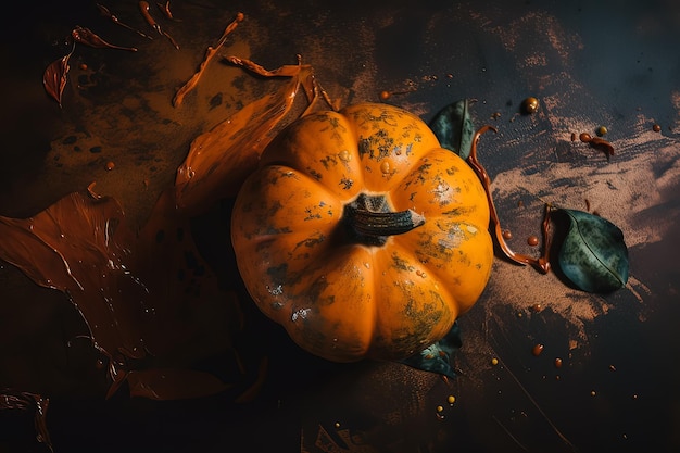 Bodegón creativo de Halloween Calabazas sobre fondo marrón oscuro Tarjeta de felicitación de temporada