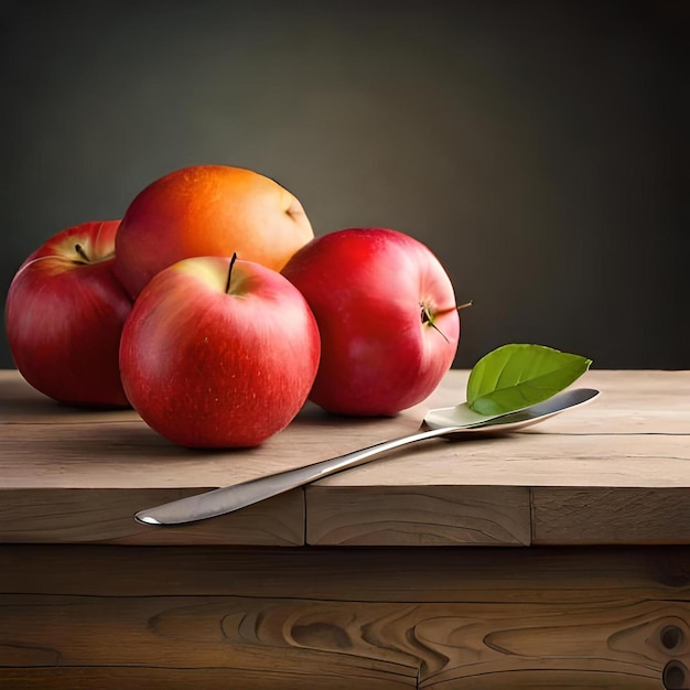 Bodegon de manzanas sobre mesa antigua