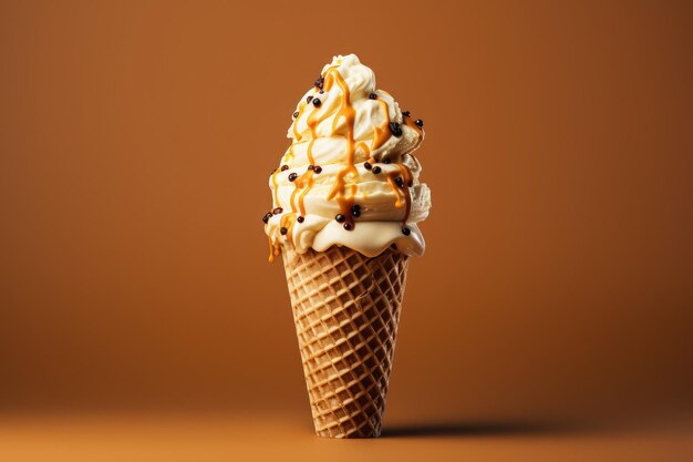 Bodegón delicadeza helado de caramelo en cono de waffle