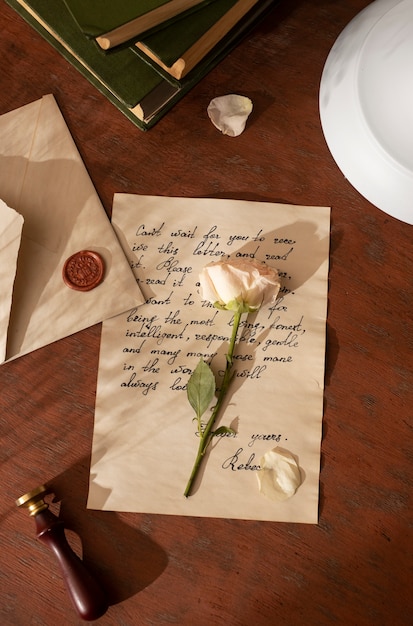 Foto bodegón de escritura antigua de una carta de amor