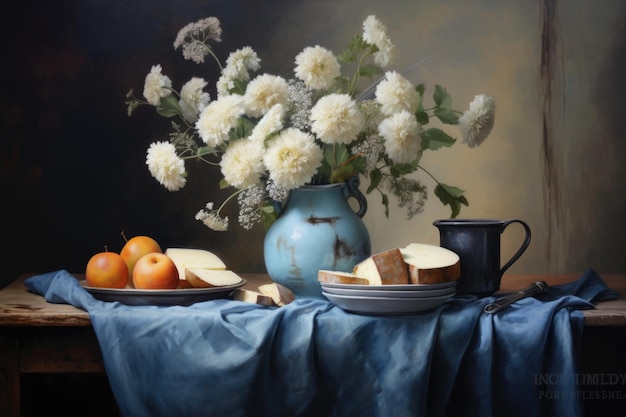 Bodegón de estilo campestre con frutas y flores de mantequilla de queso al estilo de la pintura clásica