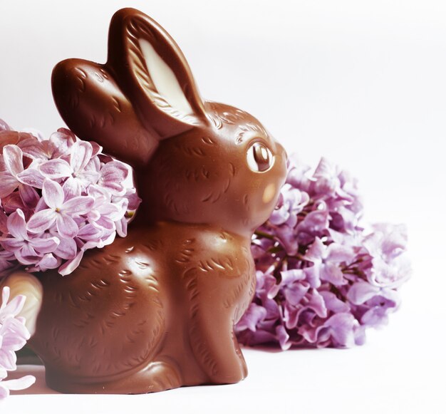 Foto bodegón festivo con conejito de pascua de chocolate y flores de color lila.