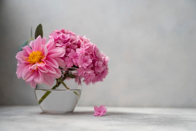 Bodegón flor rosa bouwuet rosa hortensia y dalias en jarrón de vidrio sobre fondo neutro suave enfoque selectivo