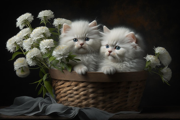 Bodegón con flores luz natural y gatitos blancos en un cesto generativo ai