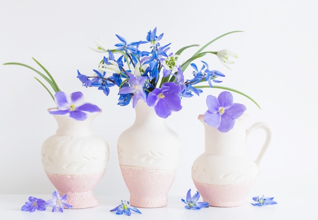 Bodegón con flores de primavera azul