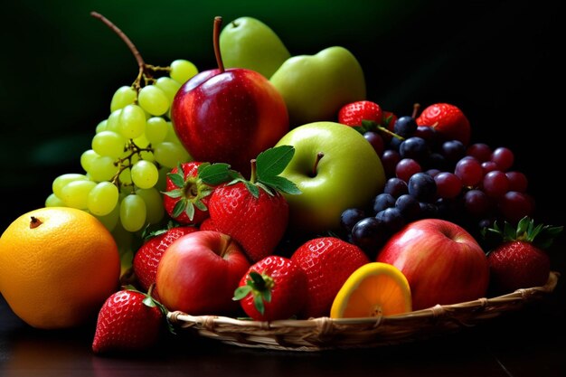 Bodegón con frutas frescas y bayas en una mesa de madera enfoque selectivo