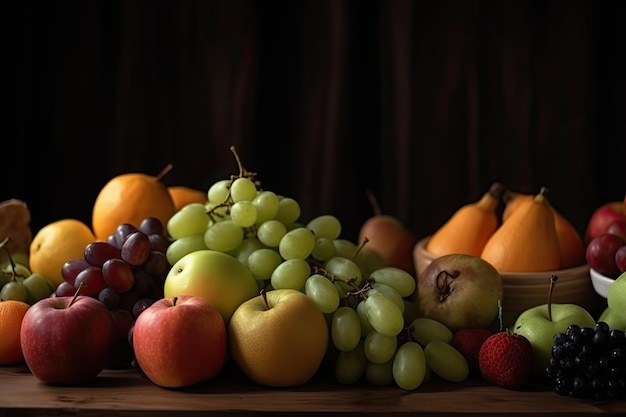 Bodegón con frutas frescas en una mesa de madera con espacio de fondo oscuro para texto Las frutas y verduras frescas están sobre la mesa Generado por IA