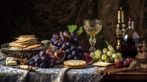 Un bodegón con frutas y pasteles y un plato de comida.