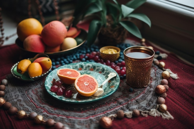 Un bodegón de inspiración bohemia con pomelos y una taza de té sobre una mesa Imagen generativa de IA