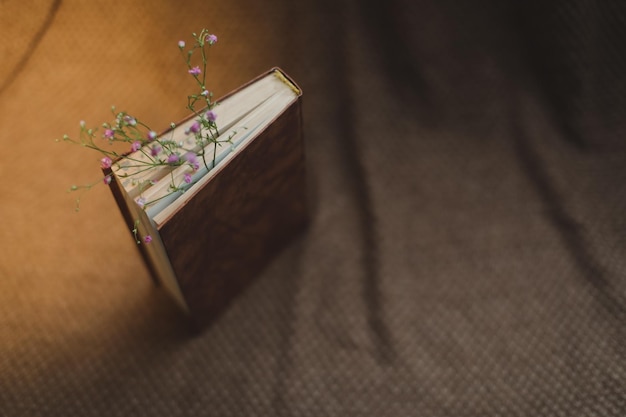 Bodegón con libro antiguo y flores secas sobre fondo vintage oscuro vista superior Estilo plano