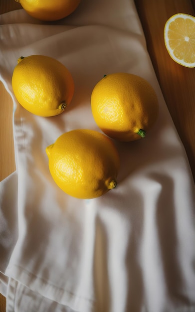 Bodegón de limones sobre la mesa y cortinaje de tela IA generativa