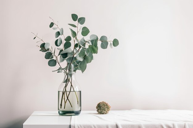 Bodegón minimalista con una pared blanca, una mesa blanca y una rama de eucalipto verde