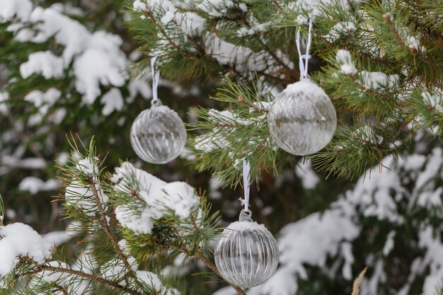 Bodegón navideño con bolas, ramas de abeto y nieve