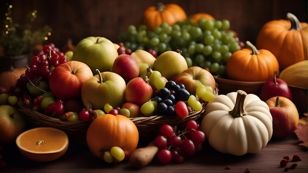 Bodegón otoñal con calabazas, manzanas y uvas sobre fondo de madera