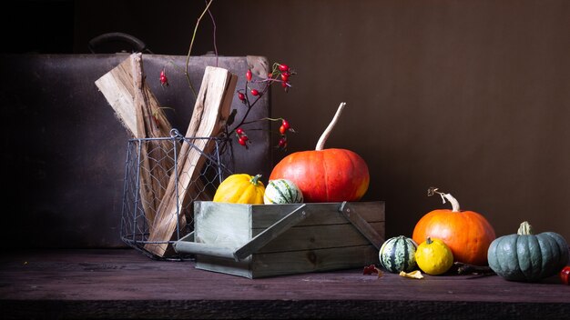 Bodegón otoñal con calabazas y velas.