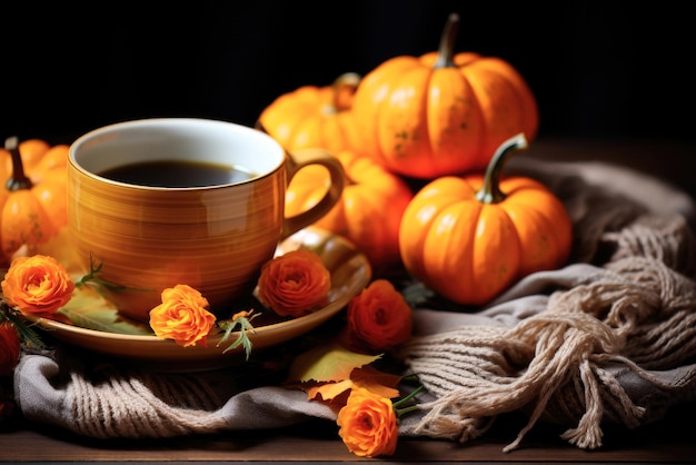 Bodegón otoñal flores calabazas y una taza de té o café