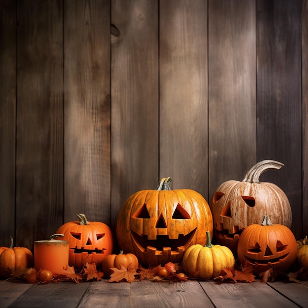 Bodegón de otoño con calabazas de halloween sobre fondo de madera vieja