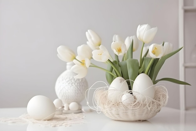 Bodegón de Pascua con huevos tulipanes de primavera flores en un jarrón sobre fondo claro Concepto de vacaciones de Pascua Decoración elegante tradicional de primavera Espacio de copia generado por AI