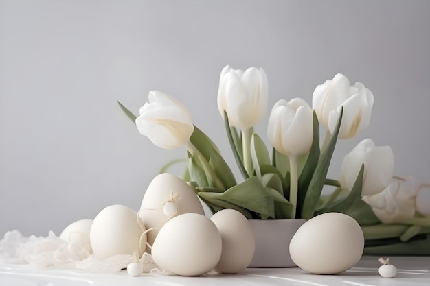 Bodegón de Pascua con huevos tulipanes de primavera flores en un jarrón sobre fondo claro Concepto de vacaciones de Pascua Decoración elegante tradicional de primavera Espacio de copia generado por AI