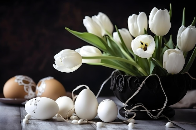 Bodegón de Pascua con huevos tulipanes de primavera flores en un jarrón sobre fondo oscuro Concepto de vacaciones de Pascua Decoración elegante tradicional de primavera Espacio de copia generado por AI