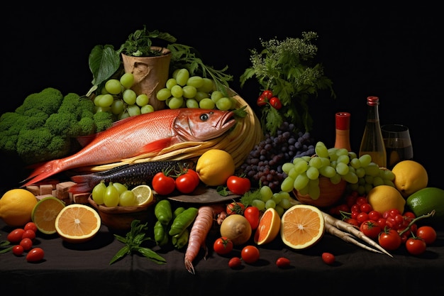 Bodegón de pescado y verduras