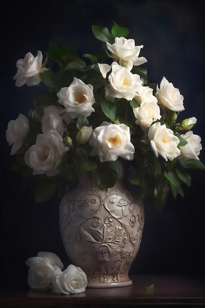 Bodegón con rosas blancas en jarrón de cerámica sobre fondo oscuro
