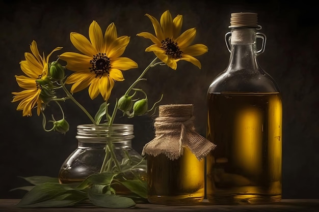 Bodegón rural Aceite de girasol en botella con flores de girasol Helianthus annuus en luz oscura Red neuronal IA generada