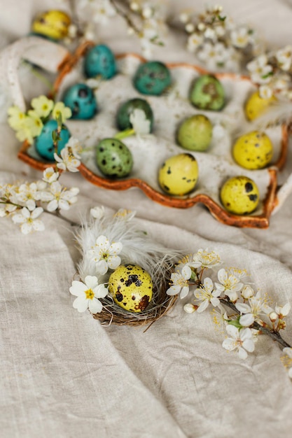 Bodegón rústico de Pascua Elegantes huevos de Pascua y flores de primavera florecientes en tela de lino Felices Pascuas Huevos de codorniz pintados naturales en plumas de bandeja y flores de cerezo en mesa rural