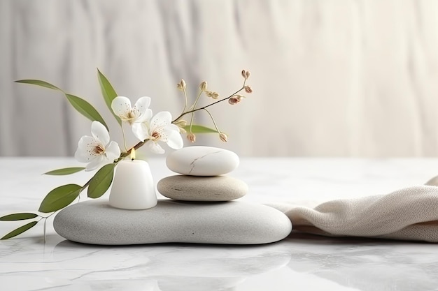 Bodegón de spa con flores de piedras zen y mesa de toalla Hermosa composición con piedras de spa sobre una mesa de mármol blanco generada por IA