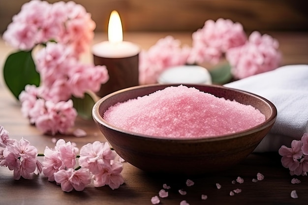 Bodegón de spa con flores de sal de baño rosa y velas sobre fondo de madera Concepto de tratamiento de spa con sal rosa generada por IA